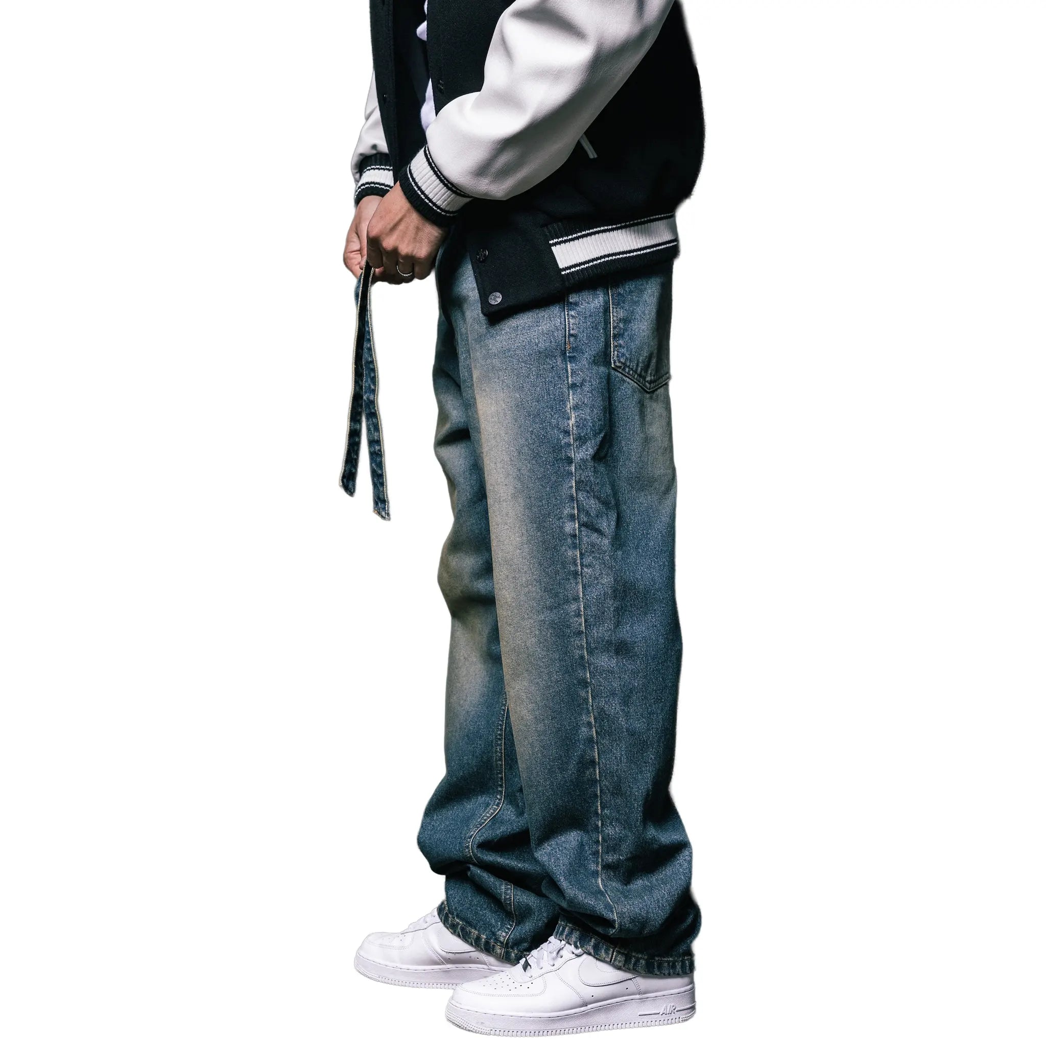 Side View of Bénir Clothing Relaxed Rust Blue Jeans REL-BLUGRN